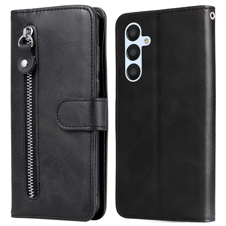 Für Samsung Galaxy A34 5G Drop-proof Handy Cover Kalbsleder Textur PU Leder Reißverschlusstasche Telefonhülle mit Ständer Geldbörse - Schwarz