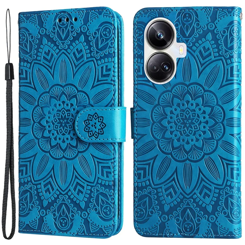Anti-fall Magnetic Closure Phone Cover For Realme 10 Pro+ 5G PU Leather Sunflower Imprinted Stand Phone Case with Hand Strap - Blue
