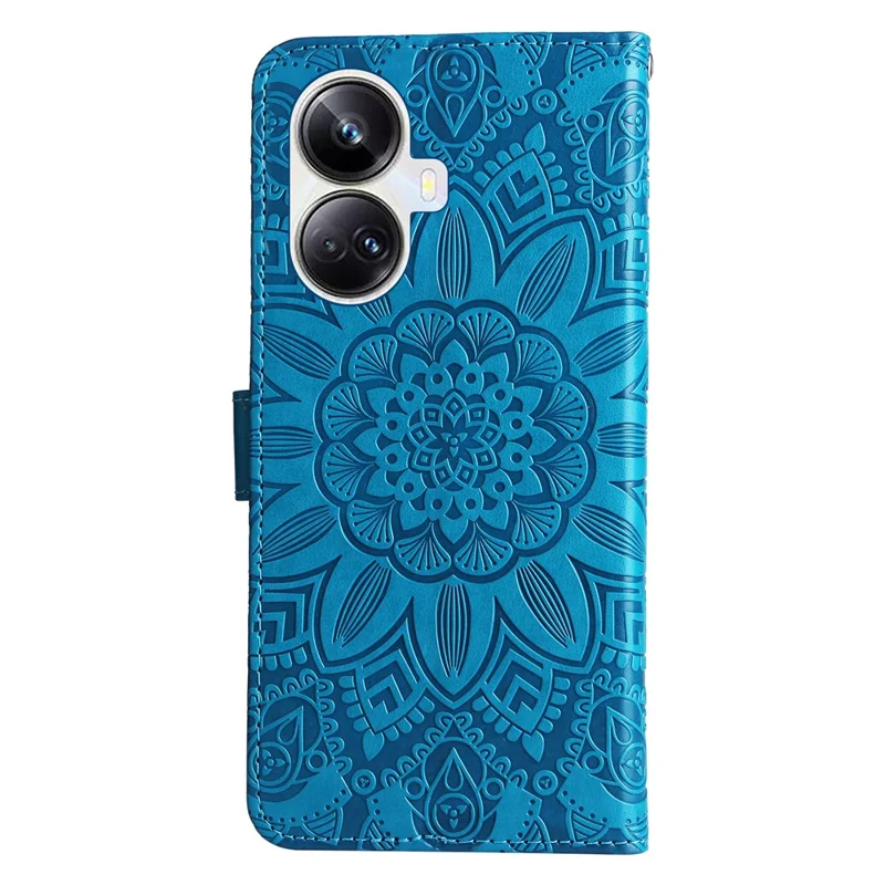 Anti-fall Magnetic Closure Phone Cover For Realme 10 Pro+ 5G PU Leather Sunflower Imprinted Stand Phone Case with Hand Strap - Blue