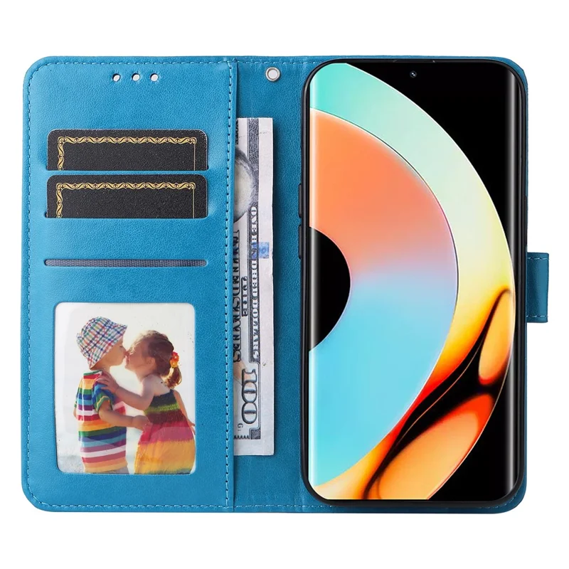 Anti-fall Magnetic Closure Phone Cover For Realme 10 Pro+ 5G PU Leather Sunflower Imprinted Stand Phone Case with Hand Strap - Blue