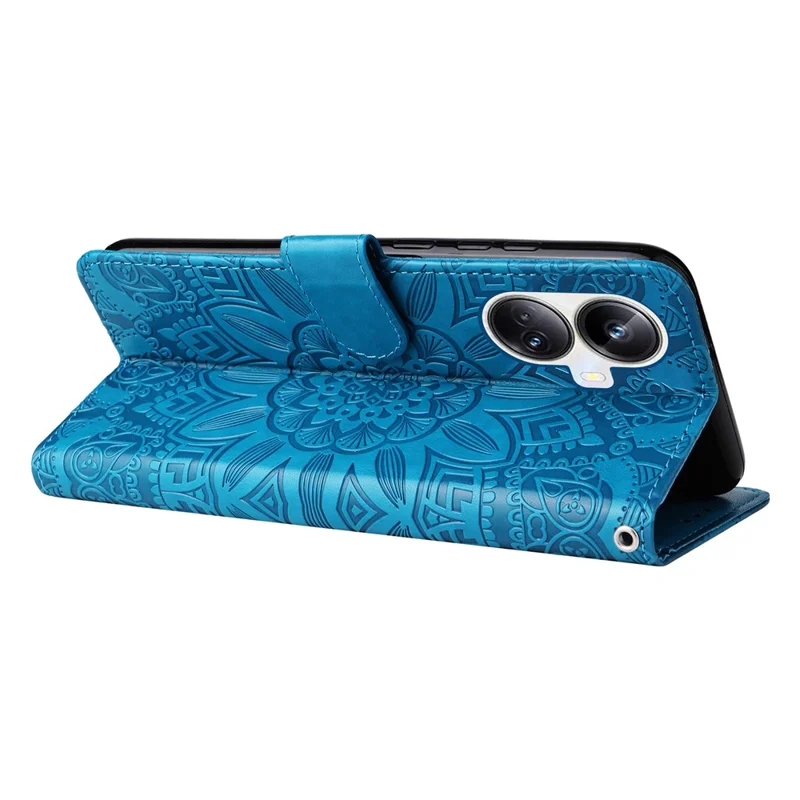Anti-fall Magnetic Closure Phone Cover For Realme 10 Pro+ 5G PU Leather Sunflower Imprinted Stand Phone Case with Hand Strap - Blue