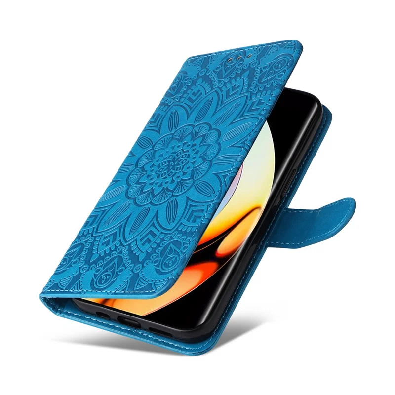 Anti-fall Magnetic Closure Phone Cover For Realme 10 Pro+ 5G PU Leather Sunflower Imprinted Stand Phone Case with Hand Strap - Blue
