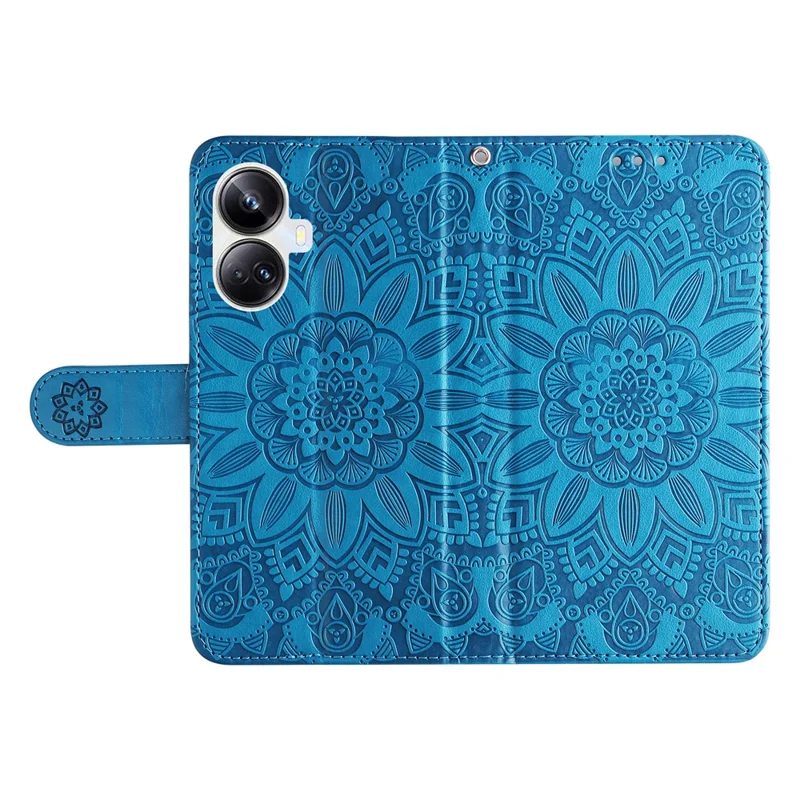 Anti-fall Magnetic Closure Phone Cover For Realme 10 Pro+ 5G PU Leather Sunflower Imprinted Stand Phone Case with Hand Strap - Blue