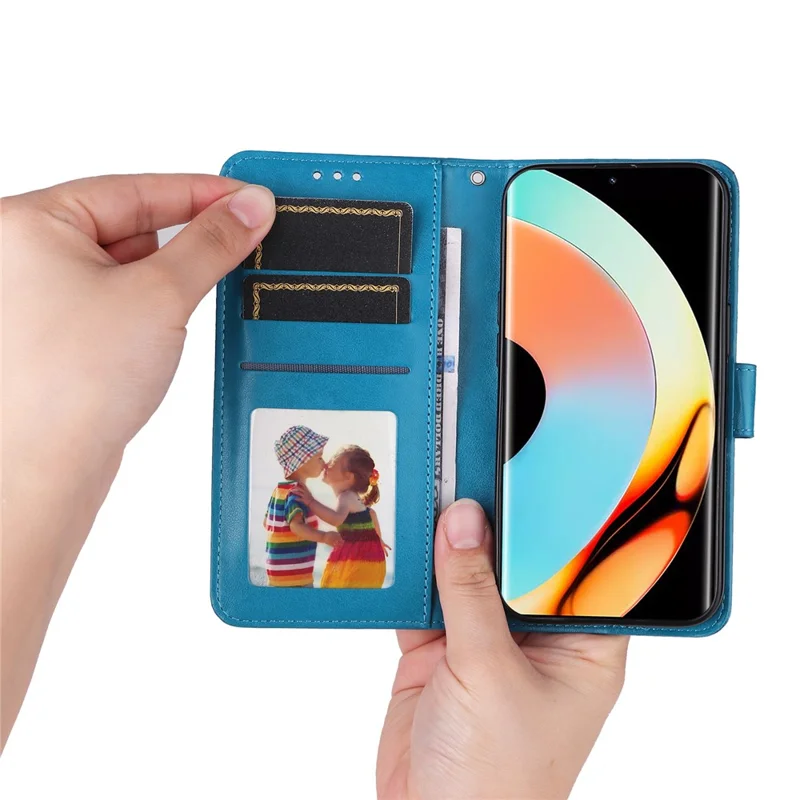 Anti-fall Magnetic Closure Phone Cover For Realme 10 Pro+ 5G PU Leather Sunflower Imprinted Stand Phone Case with Hand Strap - Blue