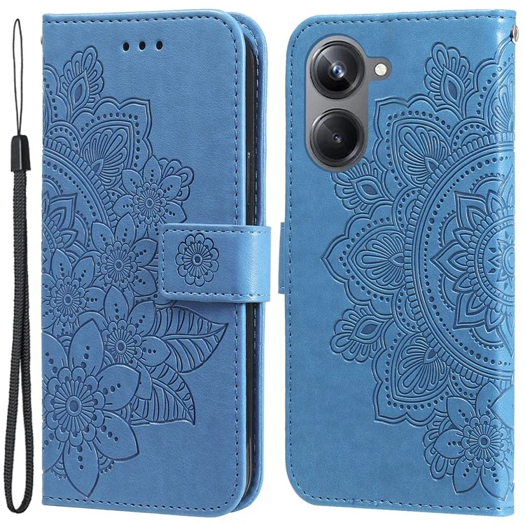 Per Realme 10 4G PU Leather Protective Telefon Case Wallet Shock Affronta Flori Imprinting Cover Con Cinturino - Blu