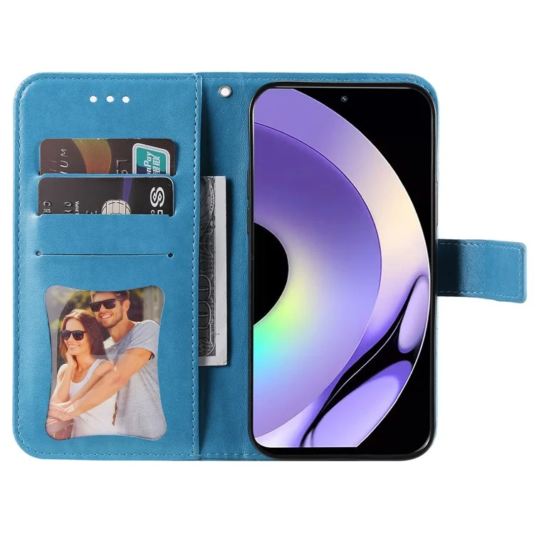 Per Realme 10 4G PU Leather Protective Telefon Case Wallet Shock Affronta Flori Imprinting Cover Con Cinturino - Blu
