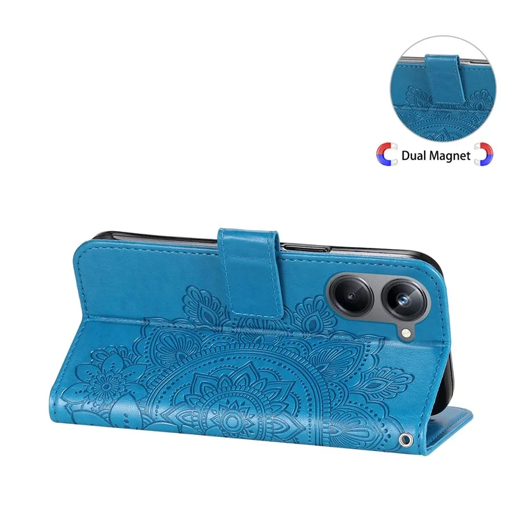 Per Realme 10 4G PU Leather Protective Telefon Case Wallet Shock Affronta Flori Imprinting Cover Con Cinturino - Blu