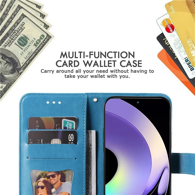 Per Realme 10 4G PU Leather Protective Telefon Case Wallet Shock Affronta Flori Imprinting Cover Con Cinturino - Blu