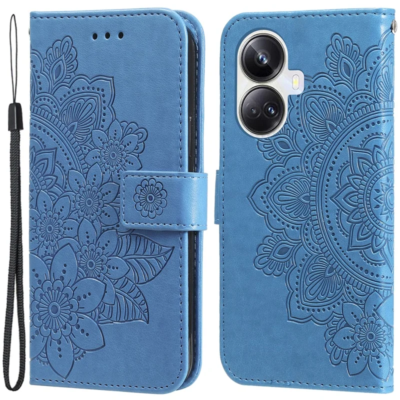For Realme 10 Pro+ 5G Case Floral Pattern PU Leather Wallet Stand Phone Cover - Blue