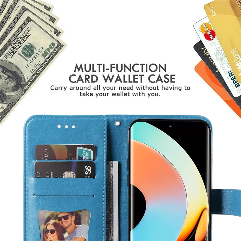 For Realme 10 Pro+ 5G Case Floral Pattern PU Leather Wallet Stand Phone Cover - Blue