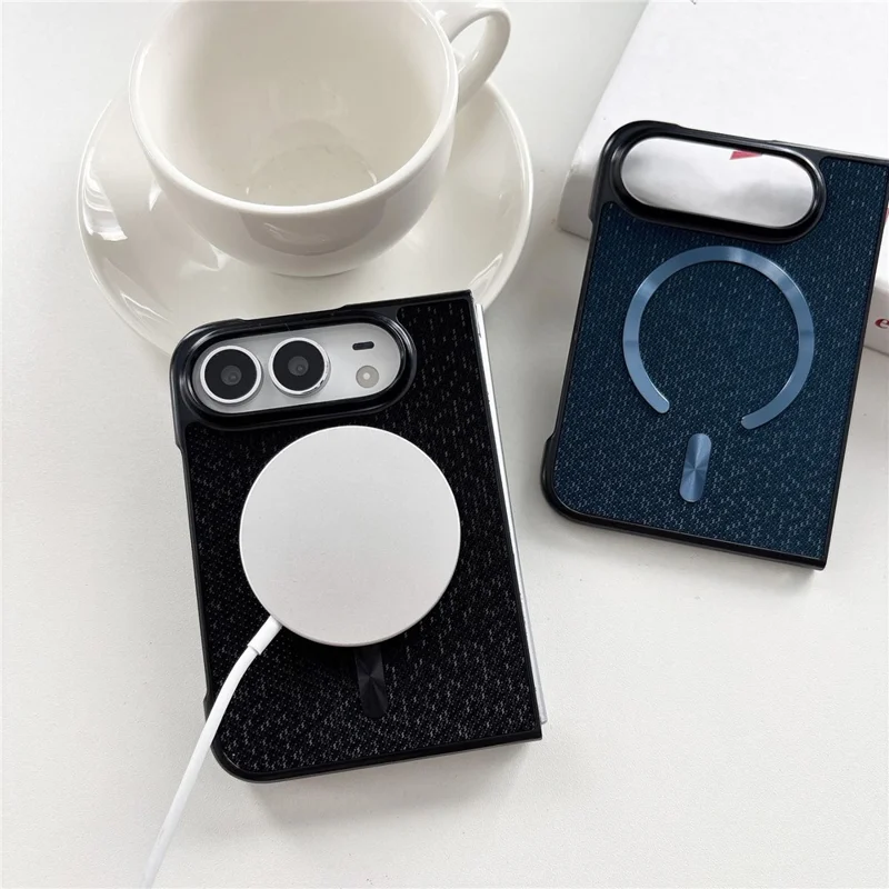 For iPhone Duo Magnetic Case Woven Textured PC Phone Cover - Black