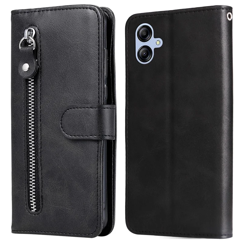 Obudowa z kieszenią na portfel, podstawką i pełną ochroną, z krowiej skóry PU z teksturowaniem, kolor czarny, dla Samsung Galaxy A04e 4G / F04 4G / M04 4G