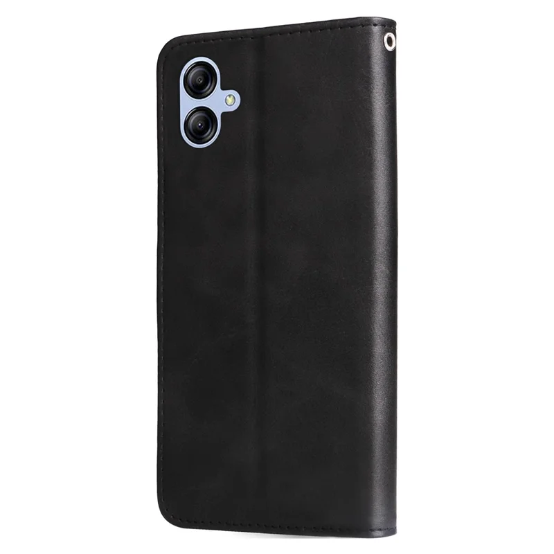 Obudowa z kieszenią na portfel, podstawką i pełną ochroną, z krowiej skóry PU z teksturowaniem, kolor czarny, dla Samsung Galaxy A04e 4G / F04 4G / M04 4G