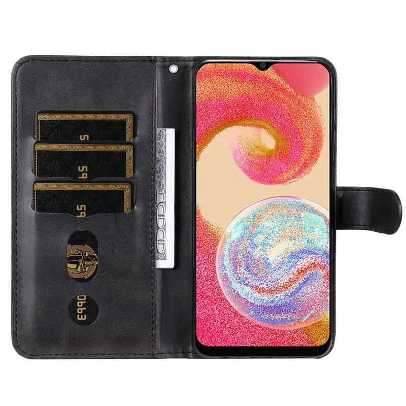 Obudowa z kieszenią na portfel, podstawką i pełną ochroną, z krowiej skóry PU z teksturowaniem, kolor czarny, dla Samsung Galaxy A04e 4G / F04 4G / M04 4G