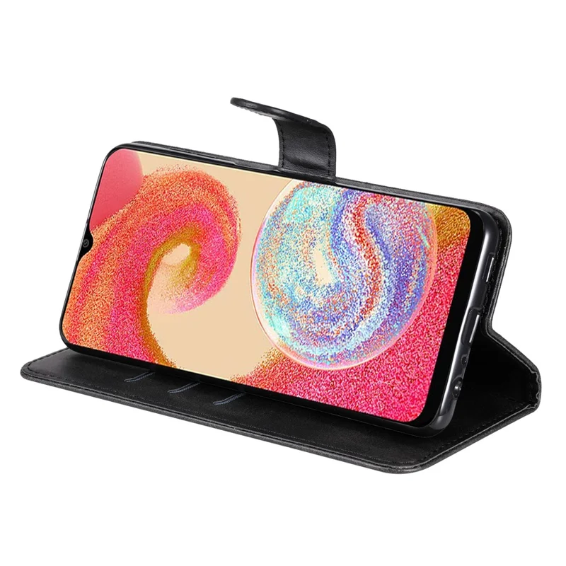 Obudowa z kieszenią na portfel, podstawką i pełną ochroną, z krowiej skóry PU z teksturowaniem, kolor czarny, dla Samsung Galaxy A04e 4G / F04 4G / M04 4G
