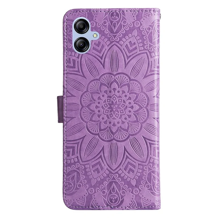 For Samsung Galaxy A04e 4G / F04 4G / M04 4G Anti-fading PU Leather Sunflower Imprinted Stand Phone Case Magnetic Closure Cover with Hand Strap - Purple