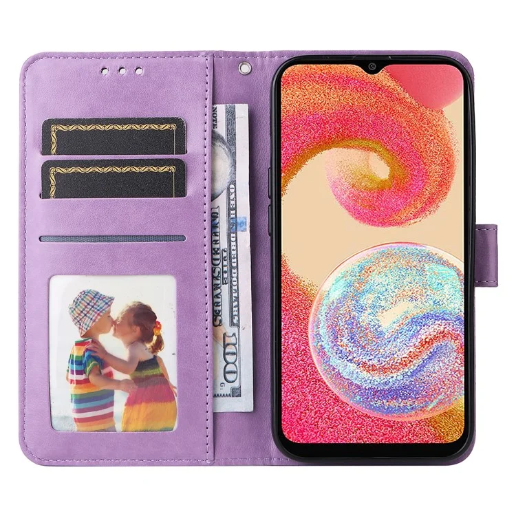 For Samsung Galaxy A04e 4G / F04 4G / M04 4G Anti-fading PU Leather Sunflower Imprinted Stand Phone Case Magnetic Closure Cover with Hand Strap - Purple