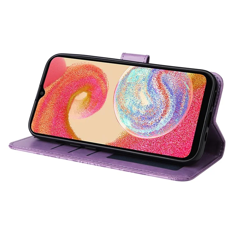 For Samsung Galaxy A04e 4G / F04 4G / M04 4G Anti-fading PU Leather Sunflower Imprinted Stand Phone Case Magnetic Closure Cover with Hand Strap - Purple
