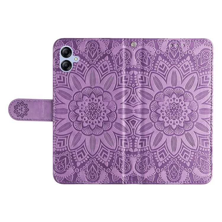 For Samsung Galaxy A04e 4G / F04 4G / M04 4G Anti-fading PU Leather Sunflower Imprinted Stand Phone Case Magnetic Closure Cover with Hand Strap - Purple