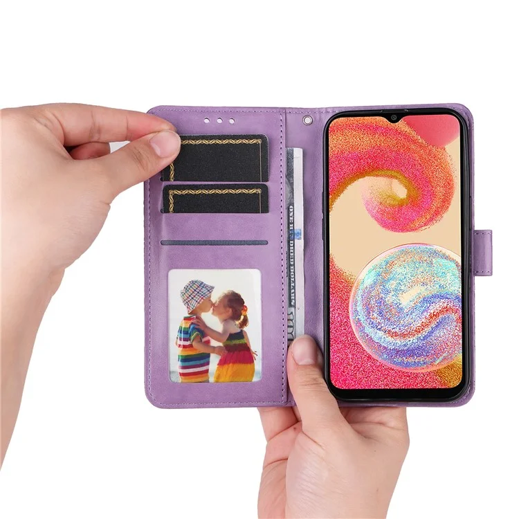 For Samsung Galaxy A04e 4G / F04 4G / M04 4G Anti-fading PU Leather Sunflower Imprinted Stand Phone Case Magnetic Closure Cover with Hand Strap - Purple
