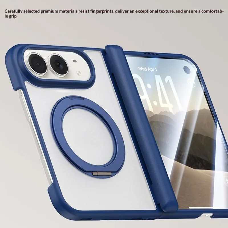 For iPhone Duo Magnetic Case Rotating Kickstand Hinge Protection Matte PC Clear Phone Cover with Screen Protector - Navy Blue