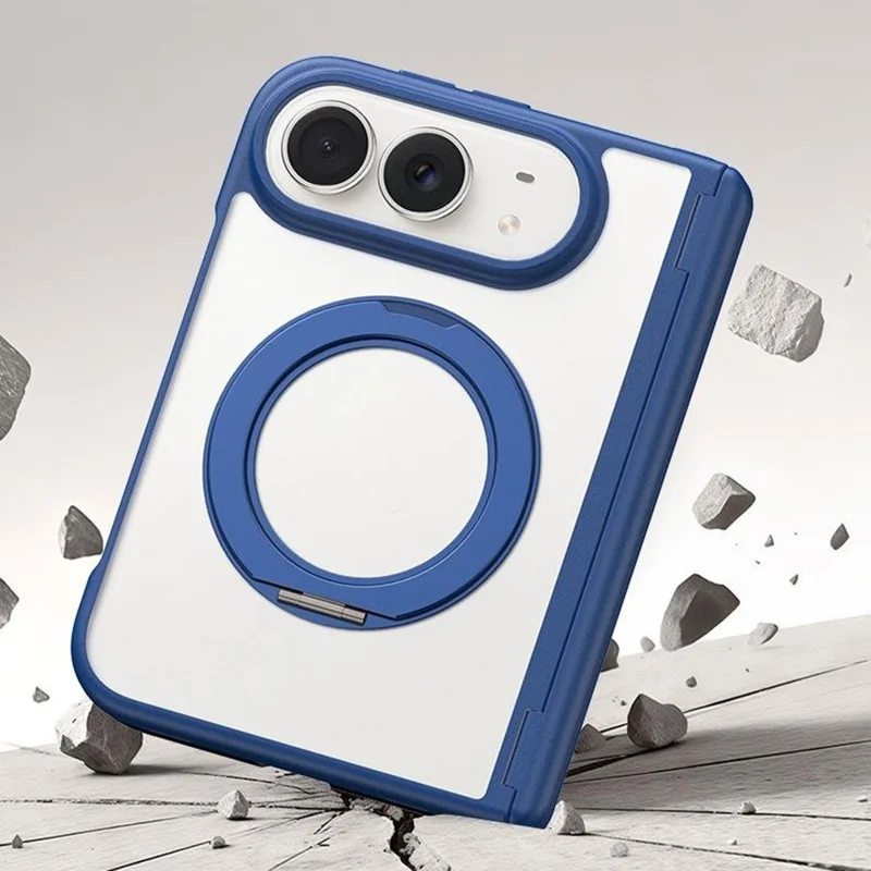 For iPhone Duo Magnetic Case Rotating Kickstand Hinge Protection Matte PC Clear Phone Cover with Screen Protector - Navy Blue