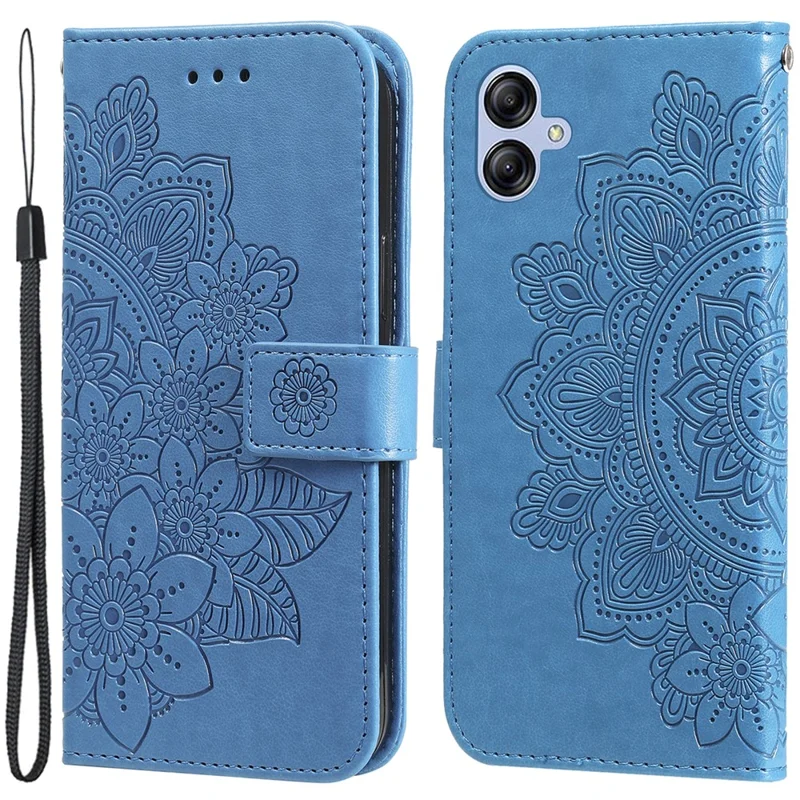 For Samsung Galaxy A04e 4G / F04 4G / M04 4G Case Floral Pattern PU Leather Wallet Stand Phone Cover - Blue