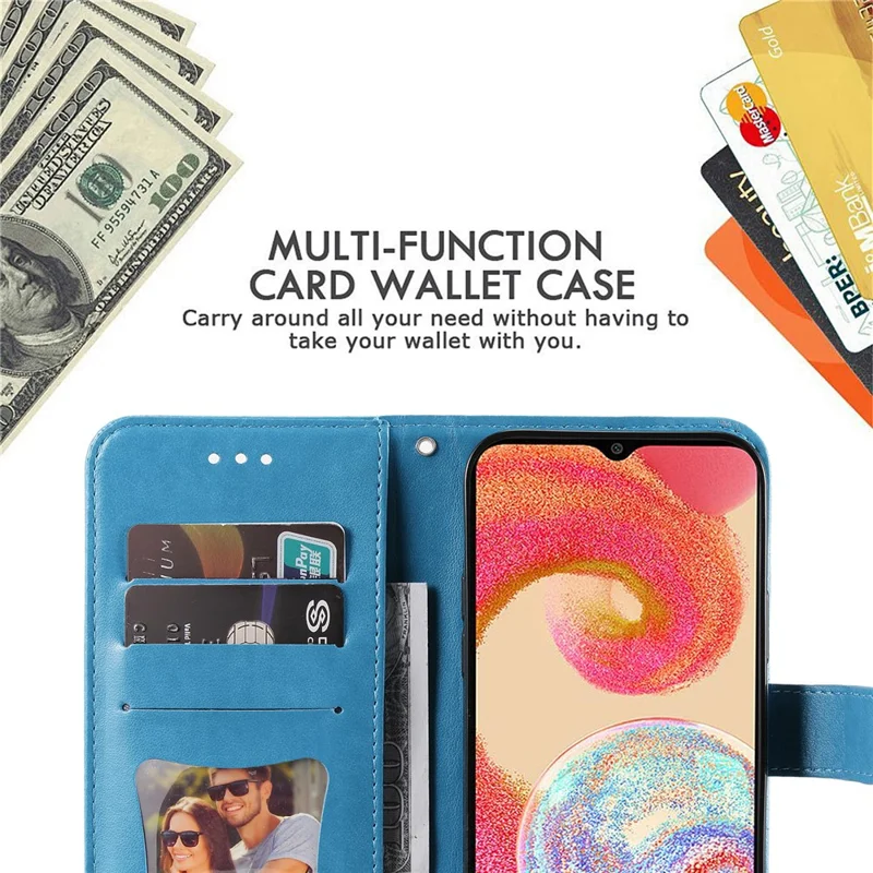 For Samsung Galaxy A04e 4G / F04 4G / M04 4G Case Floral Pattern PU Leather Wallet Stand Phone Cover - Blue