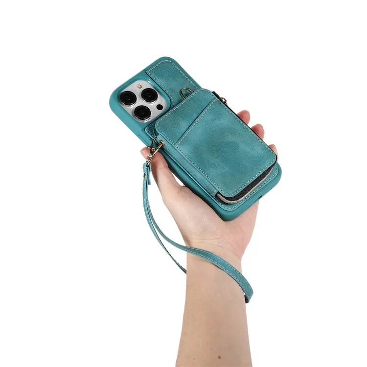 For iPhone 14 Pro Card Bag Design Kickstand Cover Drop Proof PU Leather Coated TPU Phone Case with Hand and Shoulder Strap - Green