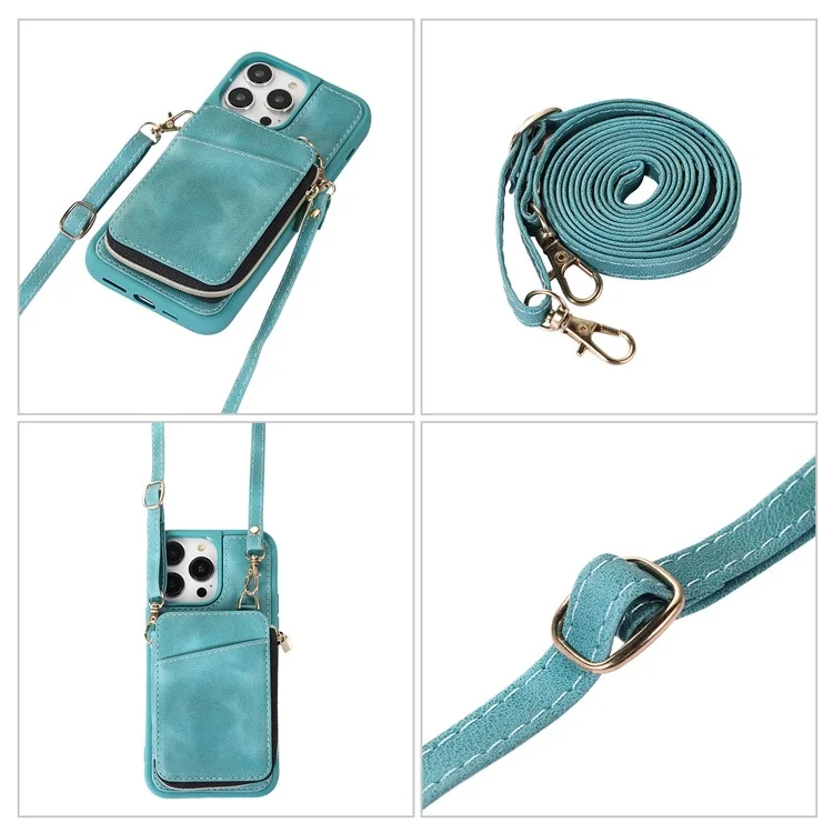 For iPhone 14 Pro Card Bag Design Kickstand Cover Drop Proof PU Leather Coated TPU Phone Case with Hand and Shoulder Strap - Green