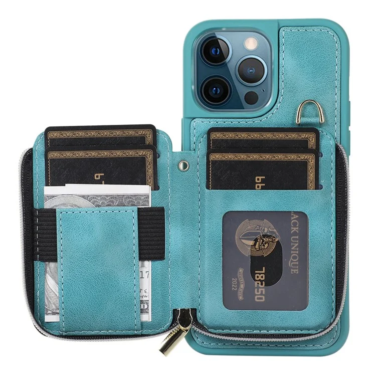 For iPhone 14 Pro Card Bag Design Kickstand Cover Drop Proof PU Leather Coated TPU Phone Case with Hand and Shoulder Strap - Green