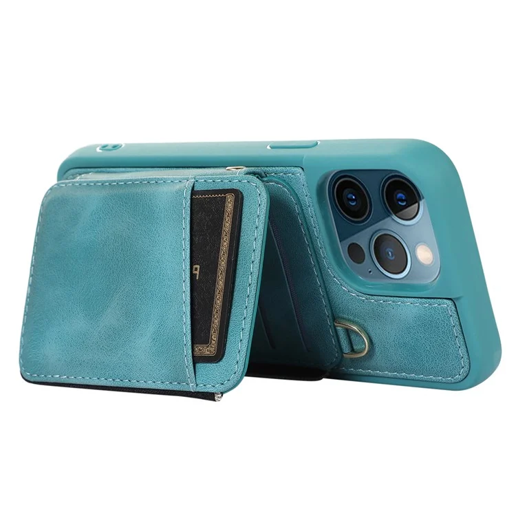 For iPhone 14 Pro Card Bag Design Kickstand Cover Drop Proof PU Leather Coated TPU Phone Case with Hand and Shoulder Strap - Green
