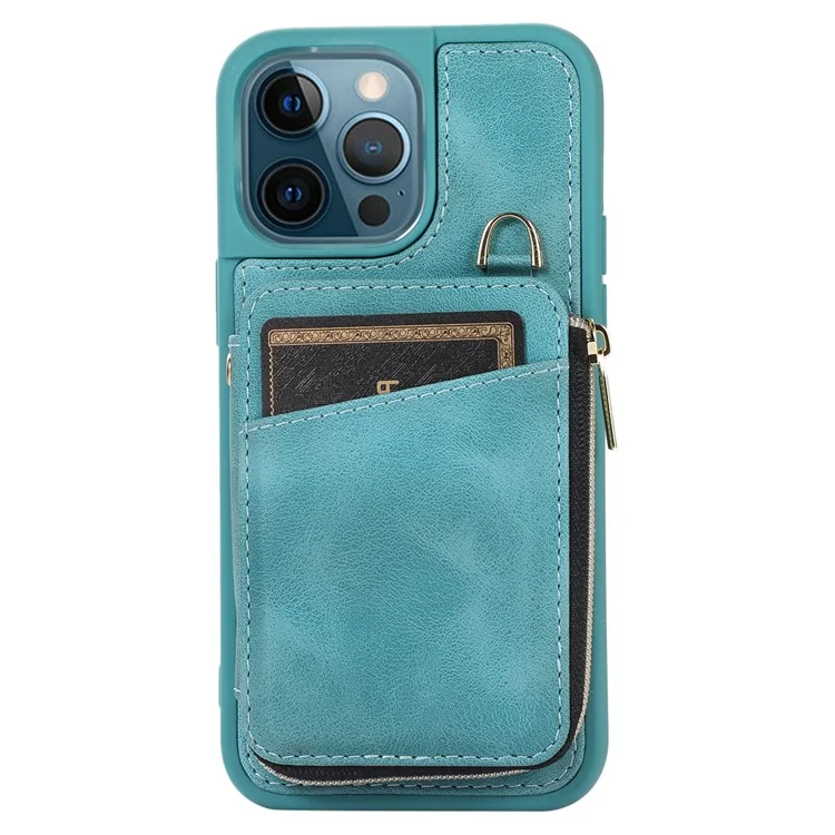 For iPhone 14 Pro Card Bag Design Kickstand Cover Drop Proof PU Leather Coated TPU Phone Case with Hand and Shoulder Strap - Green
