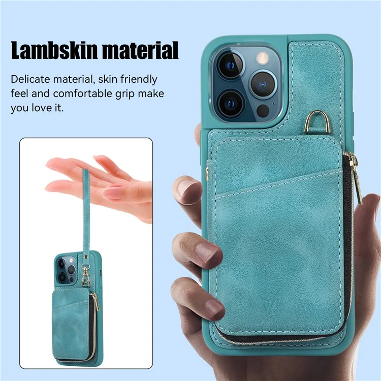 For iPhone 14 Pro Card Bag Design Kickstand Cover Drop Proof PU Leather Coated TPU Phone Case with Hand and Shoulder Strap - Green