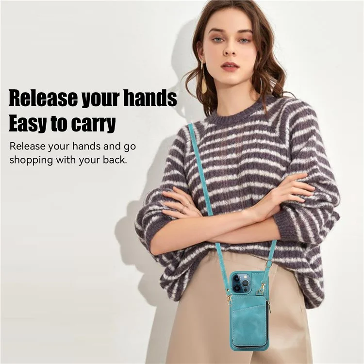 For iPhone 14 Pro Card Bag Design Kickstand Cover Drop Proof PU Leather Coated TPU Phone Case with Hand and Shoulder Strap - Green