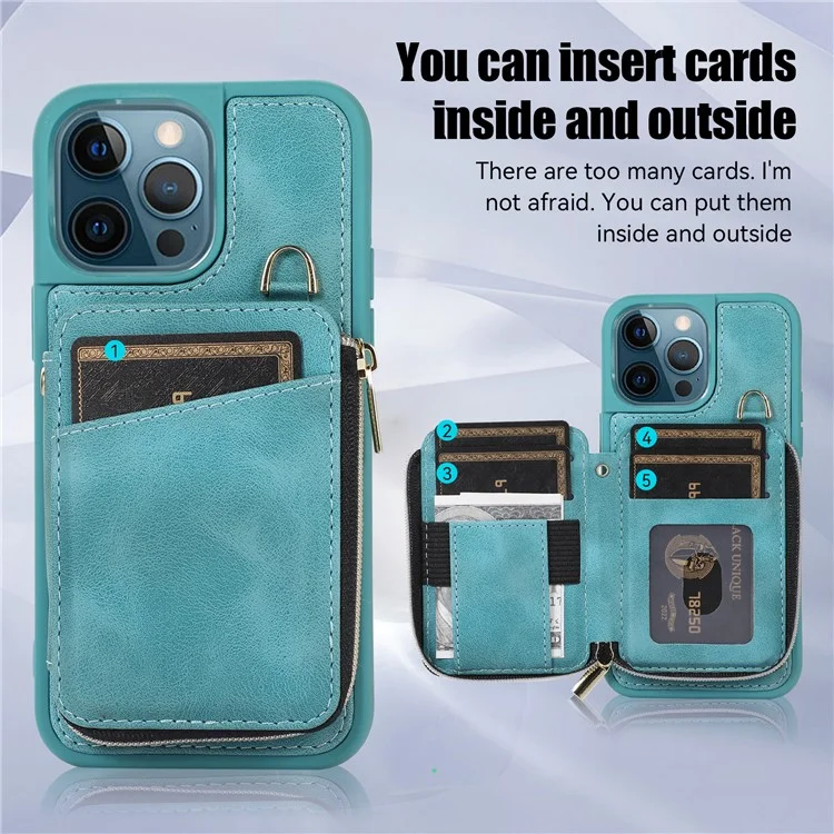 For iPhone 14 Pro Card Bag Design Kickstand Cover Drop Proof PU Leather Coated TPU Phone Case with Hand and Shoulder Strap - Green