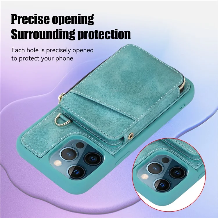 For iPhone 14 Pro Card Bag Design Kickstand Cover Drop Proof PU Leather Coated TPU Phone Case with Hand and Shoulder Strap - Green
