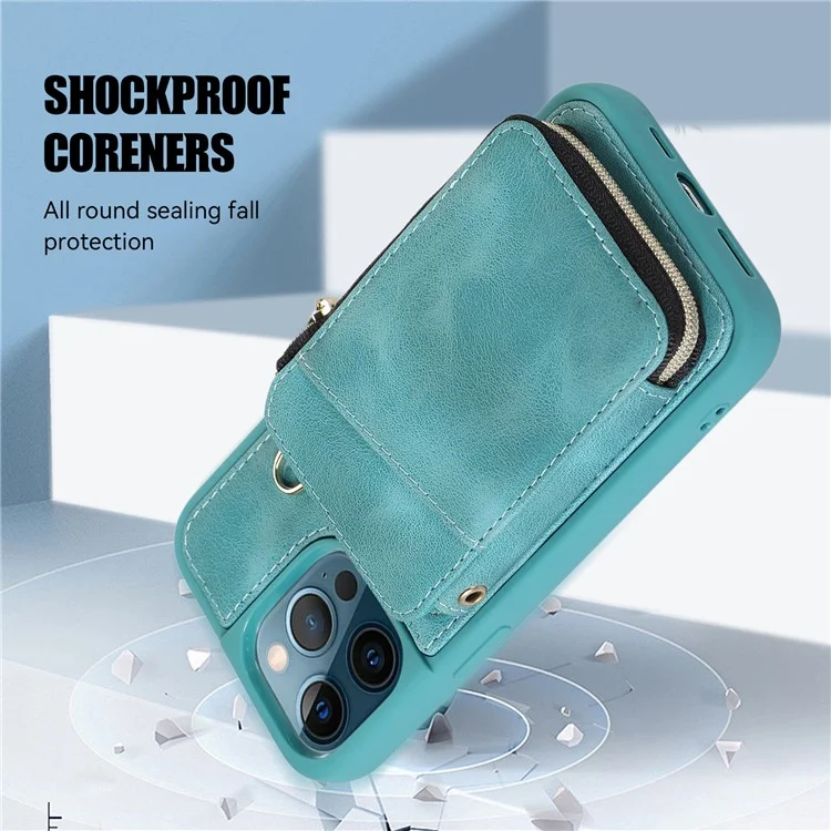 For iPhone 14 Pro Card Bag Design Kickstand Cover Drop Proof PU Leather Coated TPU Phone Case with Hand and Shoulder Strap - Green