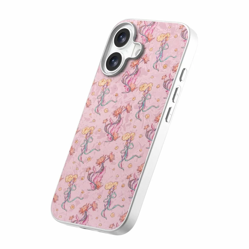 For iPhone 16 Magnetic Case with Tempered Glass Screen Protector Floral Pattern Printed Phone Cover - Pink
