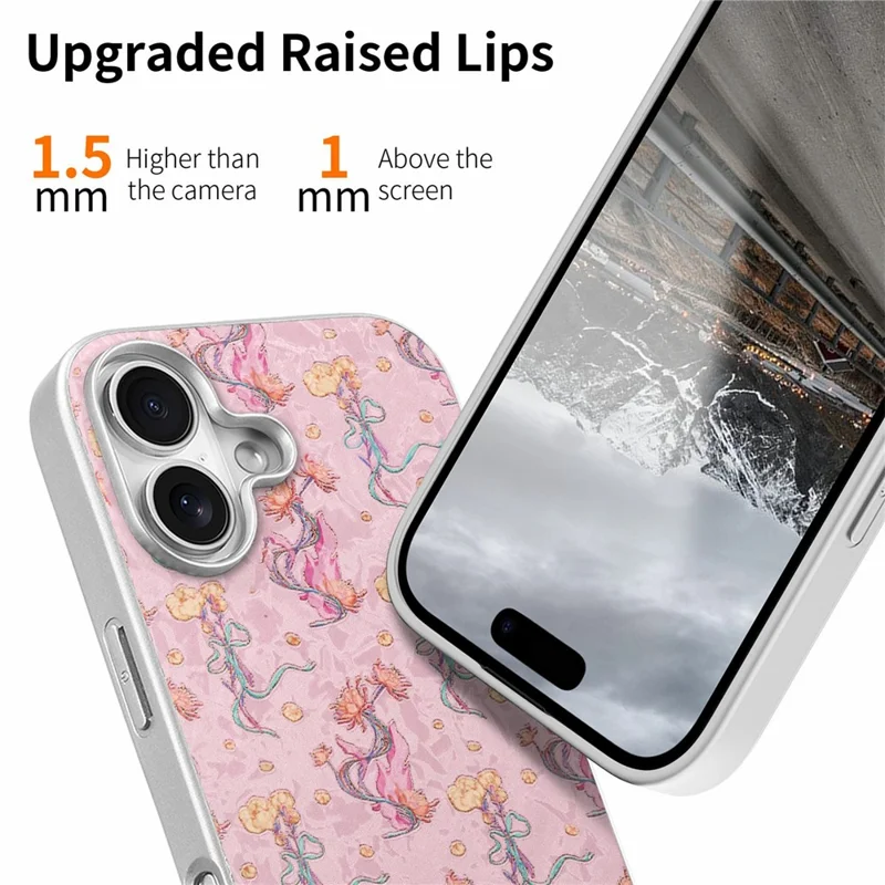 For iPhone 16 Magnetic Case with Tempered Glass Screen Protector Floral Pattern Printed Phone Cover - Pink