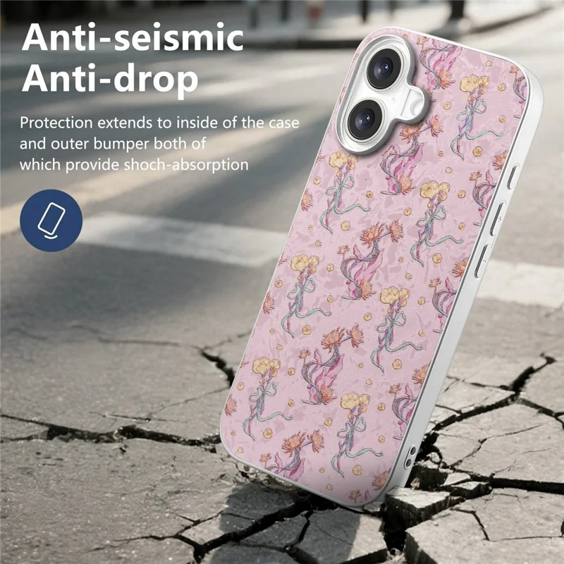 For iPhone 16 Magnetic Case with Tempered Glass Screen Protector Floral Pattern Printed Phone Cover - Pink