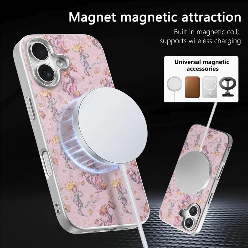 For iPhone 16 Magnetic Case with Tempered Glass Screen Protector Floral Pattern Printed Phone Cover - Pink