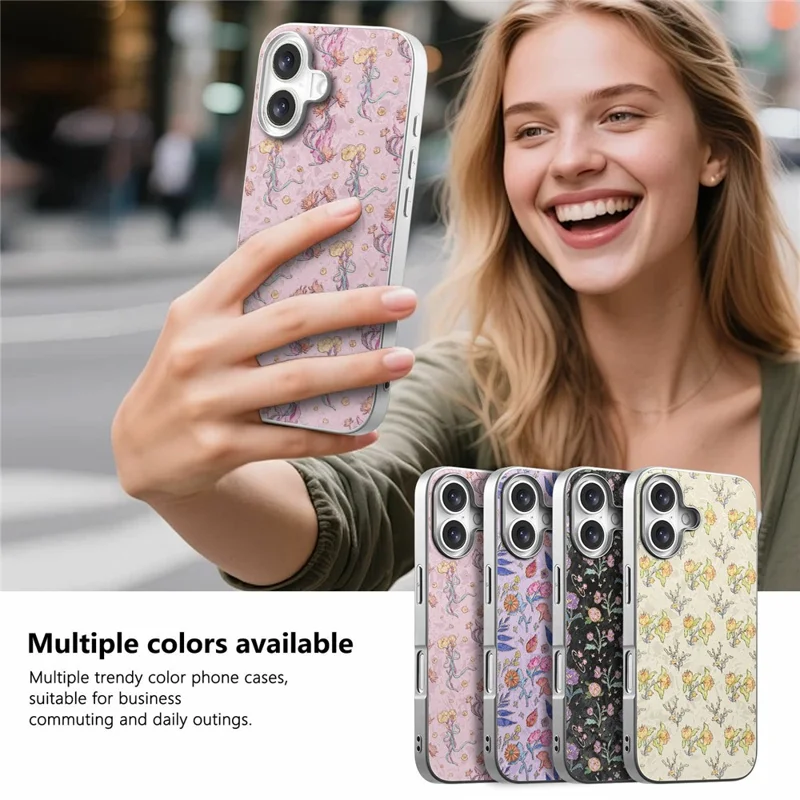 For iPhone 16 Magnetic Case with Tempered Glass Screen Protector Floral Pattern Printed Phone Cover - Pink