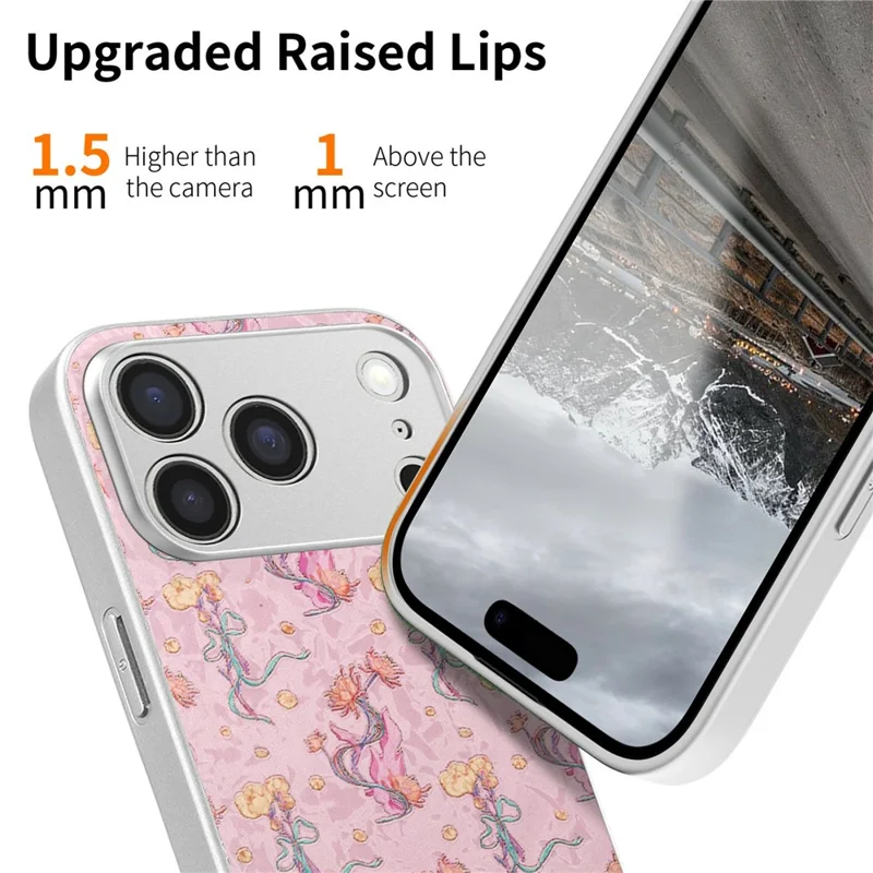 For iPhone 17 Pro Magnetic Case with Tempered Glass Screen Protector Floral Pattern Printed Phone Cover - Pink