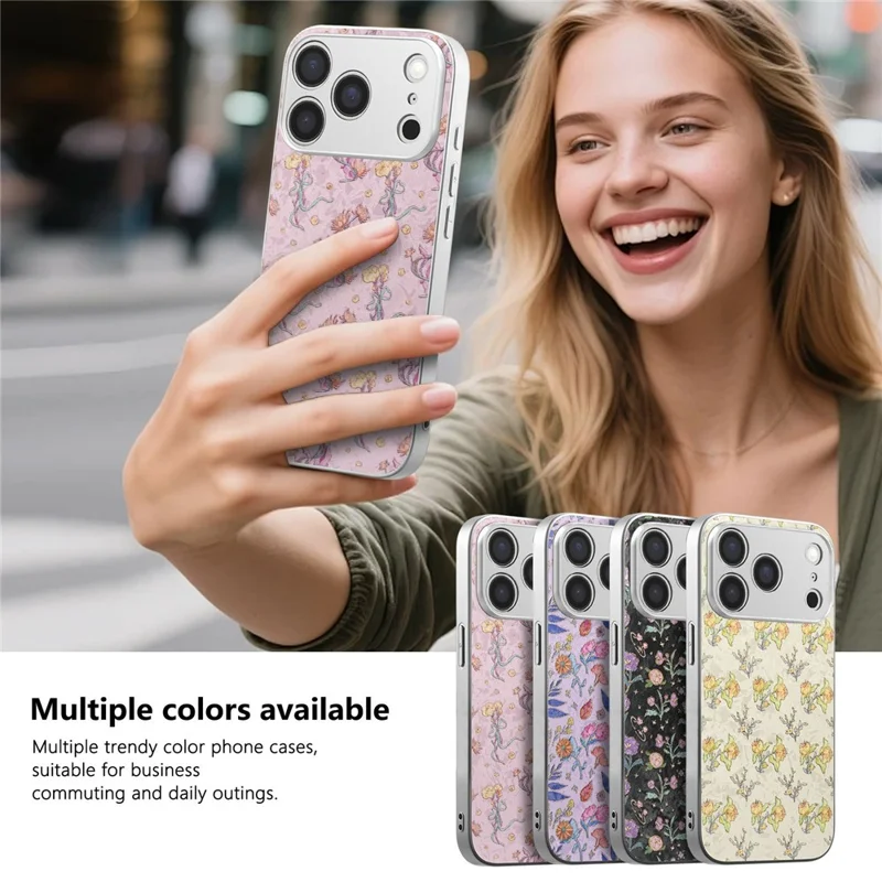 For iPhone 17 Pro Magnetic Case with Tempered Glass Screen Protector Floral Pattern Printed Phone Cover - Pink