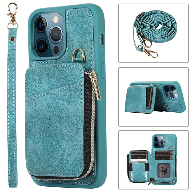 For iPhone 13 Pro 6.1 inch Card Bag Design Kickstand Cover PU Leather Coated TPU Phone Case with Hand and Shoulder Strap - Green