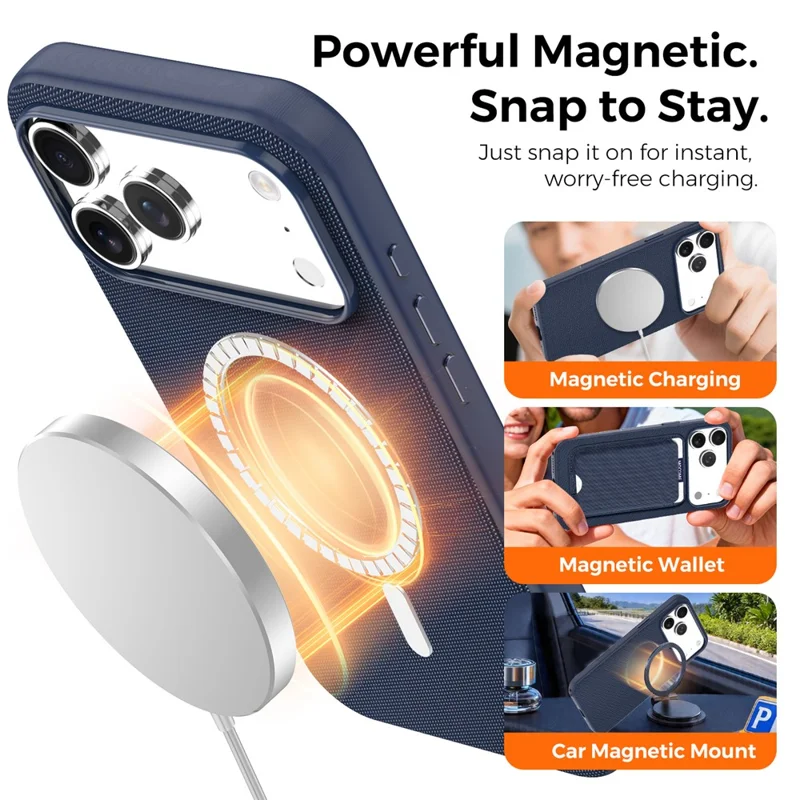 For iPhone 18 Pro Max / 17 Pro Max Magnetic Case with IC Pop-Up Function Woven Fabric Texture Phone Cover - Sapphire