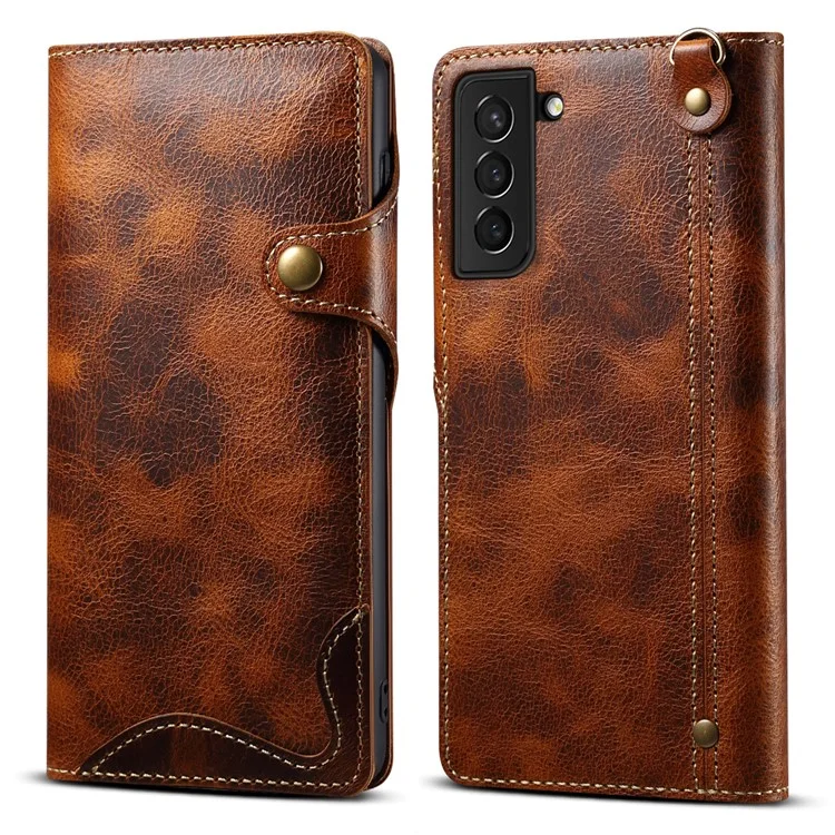Para Samsung Galaxy S23+ Oil Wax Texture Phone Wallet Case Magnetic Button Closure Genuine Leather Folio Flip Cover with Strap - Marrom