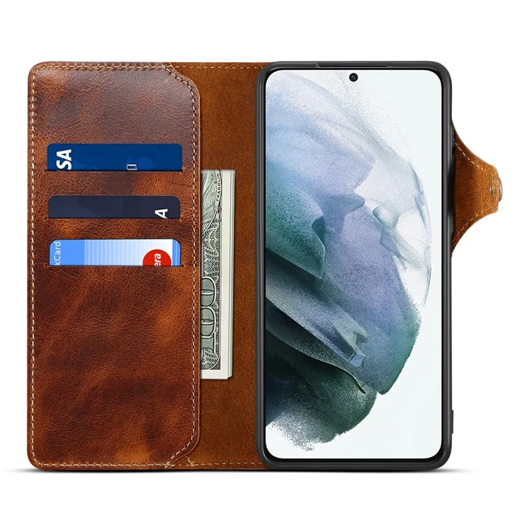 Para Samsung Galaxy S23+ Oil Wax Texture Phone Wallet Case Magnetic Button Closure Genuine Leather Folio Flip Cover with Strap - Marrom