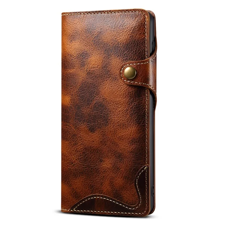 Para Samsung Galaxy S23+ Oil Wax Texture Phone Wallet Case Magnetic Button Closure Genuine Leather Folio Flip Cover with Strap - Marrom